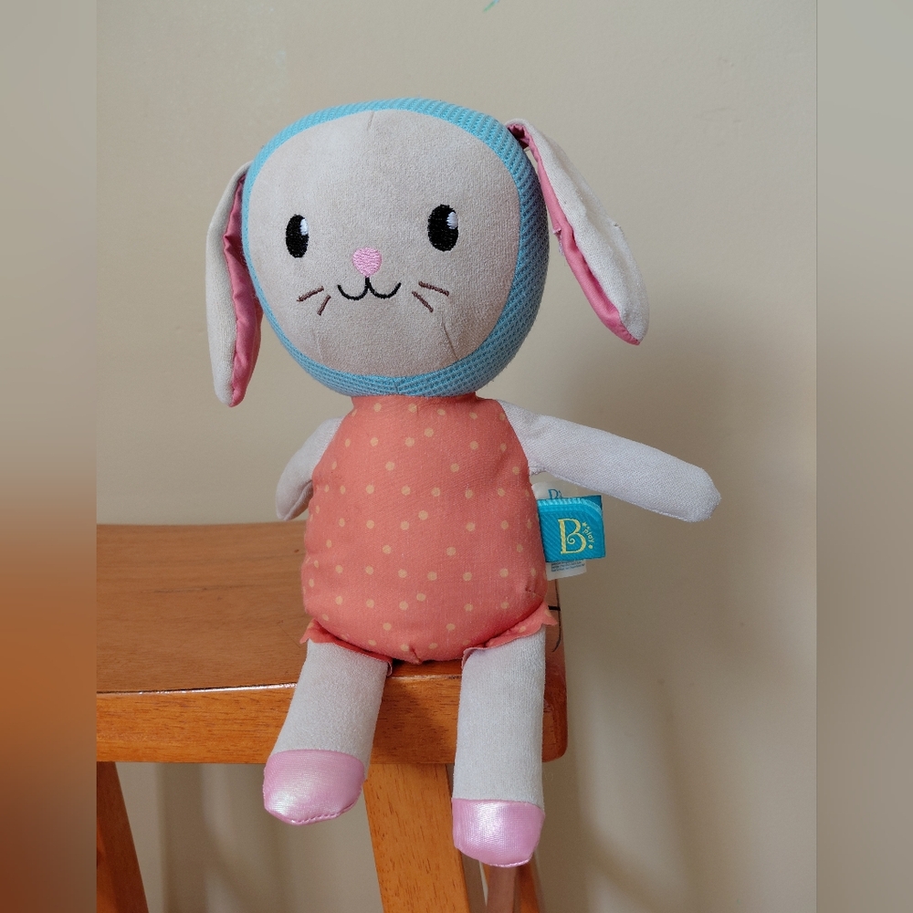 B Play B Softies Bunny Rabbit Plush Stuffed Doll Orange Dress Blue Bonnet 12"